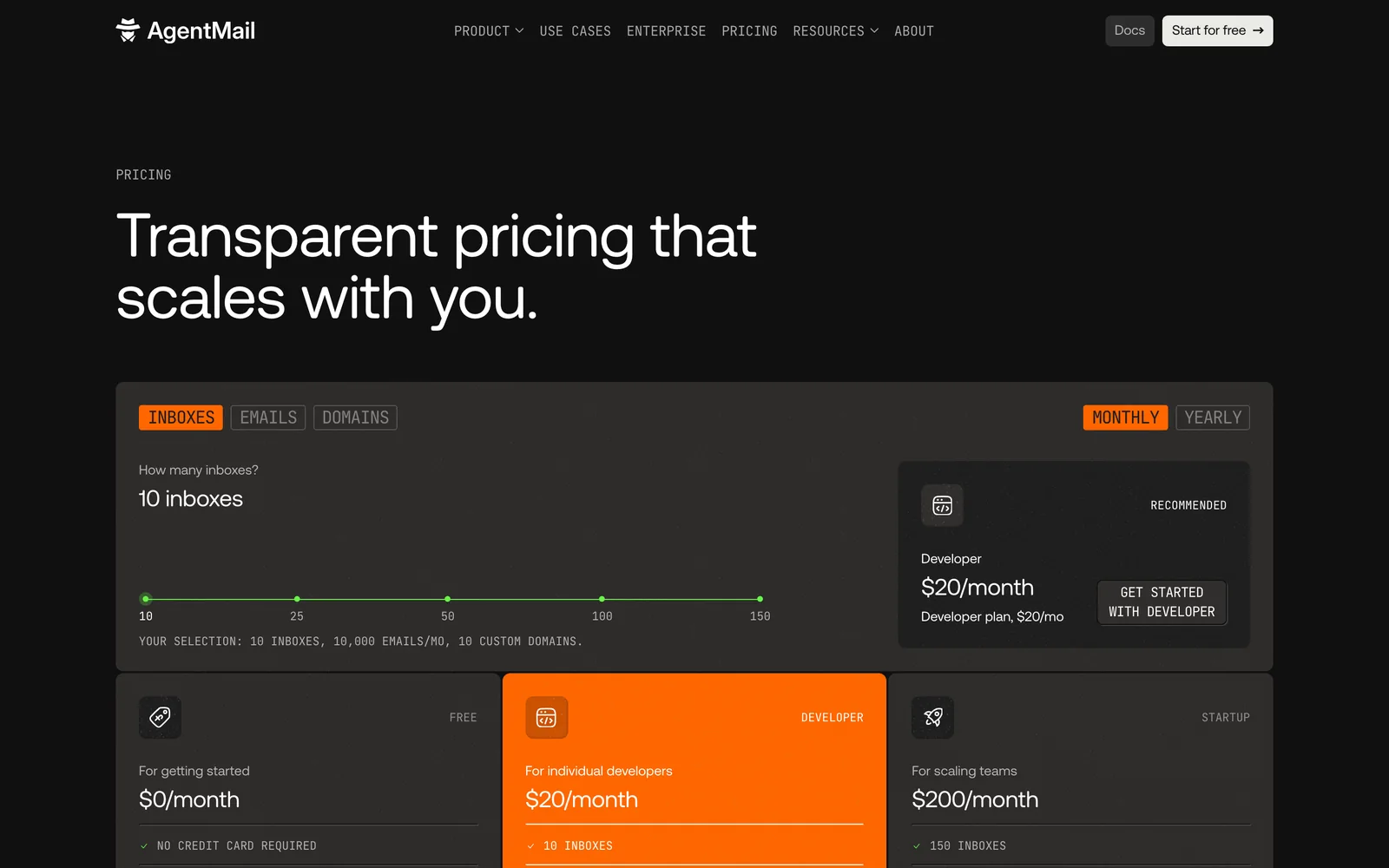 AgentMail pricing page showing Free, Developer and Startup plans