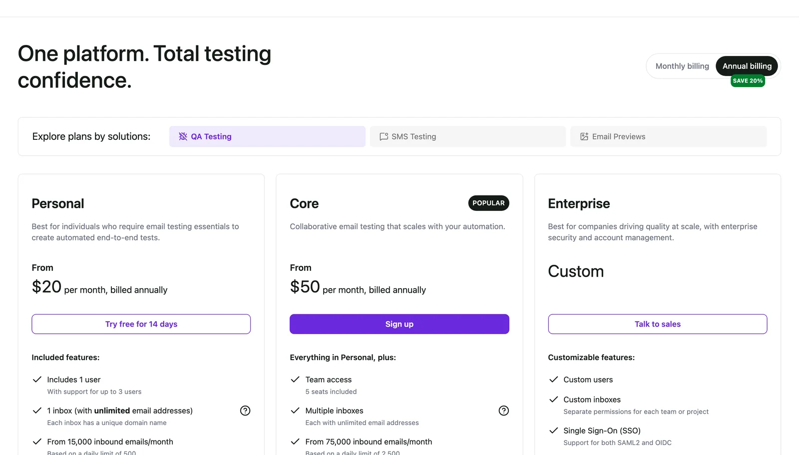 Mailosaur pricing page showing the Personal, Core and Enterprise plans