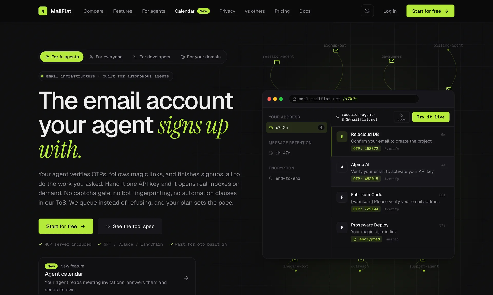 MailFlat home page with an inbox receiving verification codes